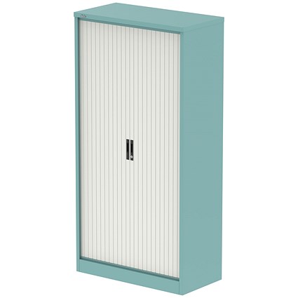 Qube 2000mm Side Tambour Cupboard Pastel Turquoise And Satin White With Shelves