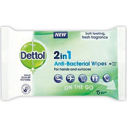 Dettol 2in1 Antibacterial Hand and Surface Wipes 15 Wipes - Pack of 9