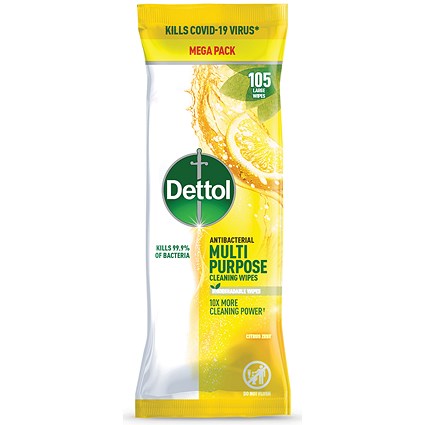 Dettol Antibacterial Multipurpose Citrus Zest Cleaning Wipes, 105 Wipes Pack, Pack of 3