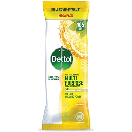 Dettol Antibacterial Multipurpose Citrus Zest Cleaning Wipes, 105 Wipes Per Pack, Pack of 3