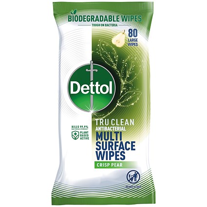 Dettol Biodegradable TruClean Antibacterial Wipes, 80 Wipes Per Pack, Pack of 4