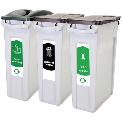 Rubbermaid Slim Jim 3-Stream Recycling Station, General Waste/Mixed Recycling/Food Waste, 3 x 87 Litres, Grey