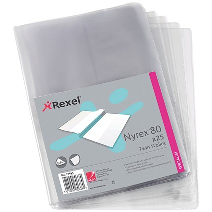 Rexel A4 Nyrex 80 Twin Wallet, 2 Vertical Inside Pockets, Clear, Pack of 25