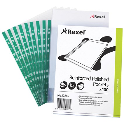 Rexel A4 Reinforced Pockets, 90 Micron, Top Opening, Pack of 100 Rexel A4 Reinforced Pockets, 90 Micron, Top Opening, Pack of 100