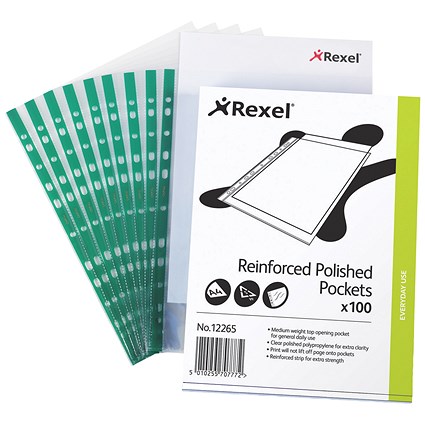 Rexel A4 Reinforced Pockets, Green Strip, Pack of 100