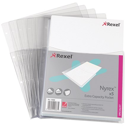 Rexel A4 Nyrex Extra Capacity Punched Pockets, 170 Micron, Top Opening, Pack of 5 Rexel A4 Nyrex Extra Capacity Punched Pockets, 170 Micron, Top Opening, Pack of 5