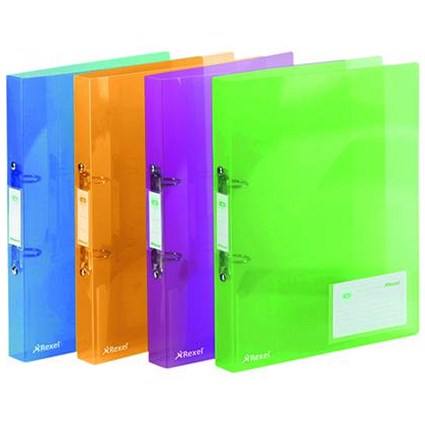 Rexel Ice Polypropylene Ring Binder, A4, 2 O-Ring, 25mm Capacity, Assorted, Pack of 10