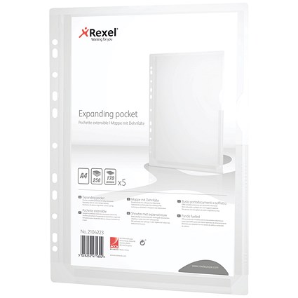 Rexel A4 Expanding Punched Pockets - Pack of 5 Rexel A4 Expanding Punched Pockets - Pack of 5
