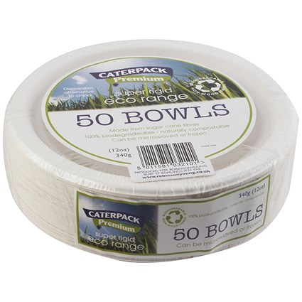 Super Rigid 7 Inch Biodegradable Bowls, 341ml, White, Pack of 50