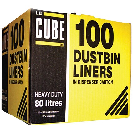 Le Cube Heavy Duty Refuse Sacks, 80 Litre, Black, Pack of 100