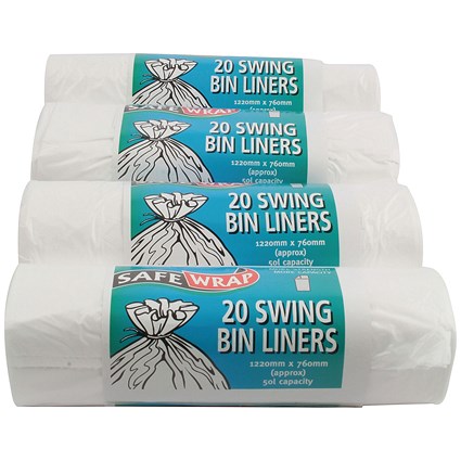 Robinson Young Safewrap Swing Bin Liners, Heavy Duty, 50 Litre, 1220x762mm, White, 4 Rolls x 20 Sacks