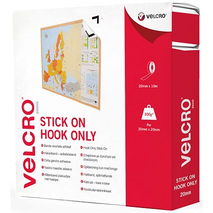 Velcro Stick On Tape Hook Only, 20mmx10m, White