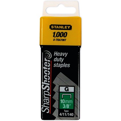Stanley SharpShooter Heavy Duty Staples, 10mm 3/8in Type G, Pack of 1000 Stanley SharpShooter Heavy Duty Staples, 10mm 3/8in Type G, Pack of 1000