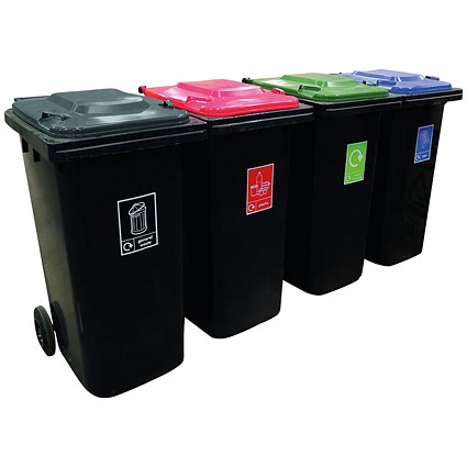 VFM Wheelie Bins 120L With Colour Coded Lids/Stickers (Set of 4)