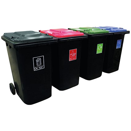 Wheelie Bins With Colour Coded Lids and Recycling Stickers, 240 Litre, Set of 4