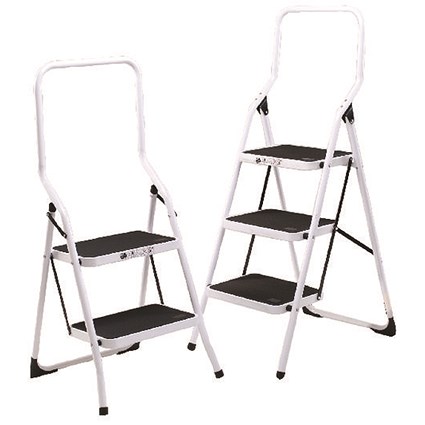 Folding Step Stool 2 Tread High Back White Aluminium 402790 