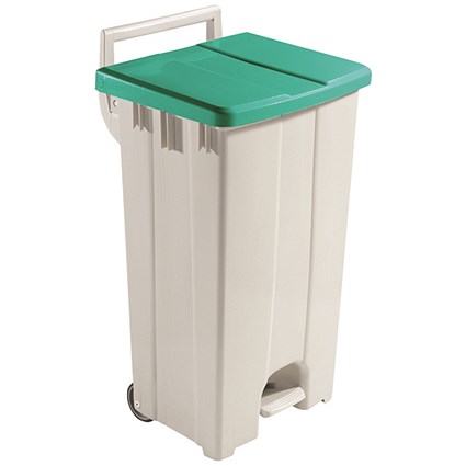 Grey 90 Litre Plastic Pedal Bin with Green Lid