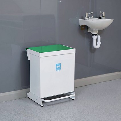 Fire Retardant Steel Sackholder Pedal Bin, 42 Litre, White Body with Green Lid Fire Retardant Steel Sackholder Pedal Bin, 42 Litre, White Body with Green Lid