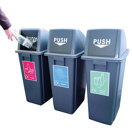 VFM Slim Recycling Bins with Range of Stickers, 60 Litre Each, Pack of 3