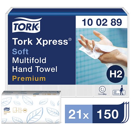 Tork H2 Xpress 2-Ply Multifold Hand Towels, White, Pack of 3150