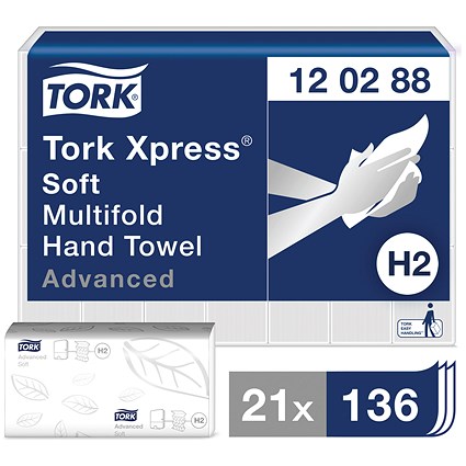 Tork H2 Xpress 2-Ply Multifold Hand Towels, White, Pack of 2856