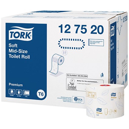 Tork T6 Soft Mid-Size Toilet Roll, 2-Ply, 90m, Pack of 27