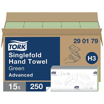 Tork H3 2-Ply V-Fold Singlefold Hand Towels, Green, Pack of 3750 Tork H3 2-Ply V-Fold Singlefold Hand Towels, Green, Pack of 3750