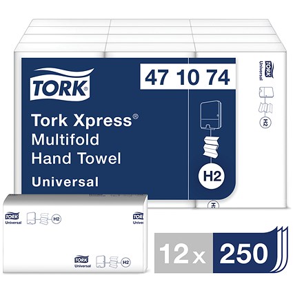 Tork H2 Xpress 1-Ply Multifold Hand Towels, White, Pack of 3000