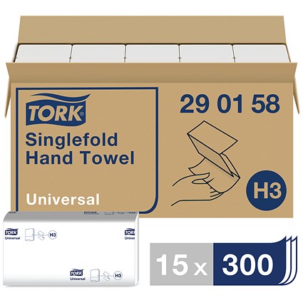 Tork H3 1-Ply Universal Singlefold Hand Towels, White, Pack of 4500