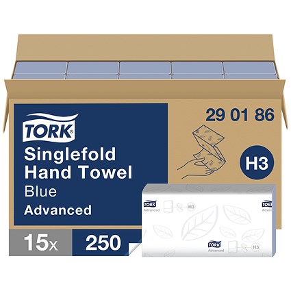 Tork H3 Singlefold 2-Ply V-Fold Hand Towels, Blue, Pack of 3750