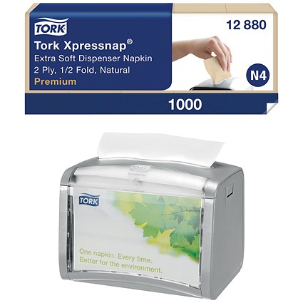 Tork Xpressnap Extra Soft 2-Ply Napkins, 213mmx165mm, Natural, Pack of 1000 - Get Tork Silver Xpressnap Tabletop Napkin Dispenser Free