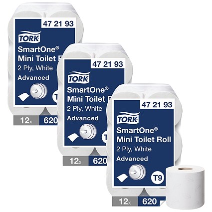 Tork SmartOne Mini Toilet Roll, 2-Ply, 620 Sheets per Roll, Pack of 12 - 3 Pack Saver Bundle