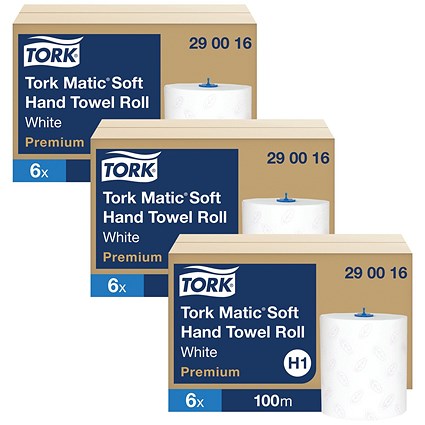Tork H1 Matic 2-Ply Matic Hand Towel Roll, 100m, White, Pack of 6 - 3 Pack Saver Bundle