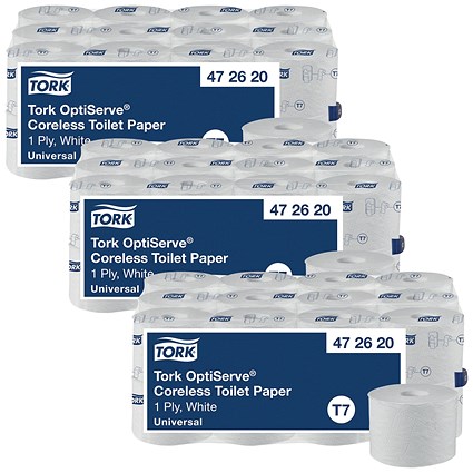 Tork OptiServe Coreless Toilet Paper, 1-Ply, 1250 Sheets, Pack of 24 - 3 Pack Saver Bundle