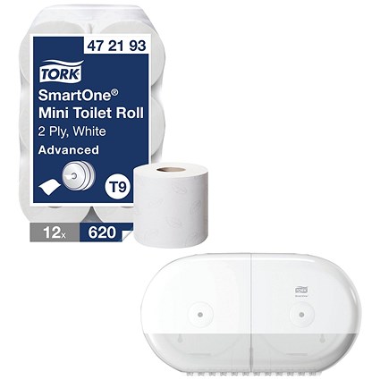Tork SmartOne Mini Toilet Roll, 2-Ply, 620 Sheets per Roll, Pack of 12 - Get Free Tork T9 SmartOne Twin Mini Toilet Paper Dispenser, White