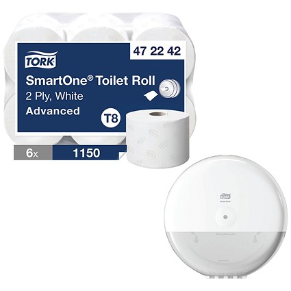 Tork SmartOne Toilet Roll, 2-Ply, White, 6 Rolls of 1150 Sheets - Get Tork T8 SmartOne Toilet Paper Dispenser, White Free