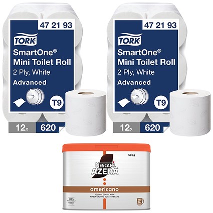 Tork SmartOne Mini Toilet Roll, 2-Ply, 620 Sheets per Roll, Pack of 12 - Buy 2 Get Free Nescafe Azera 500g
