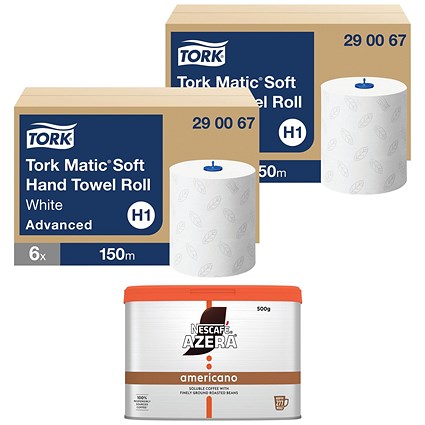 Tork H1 Matic 2-Ply Soft Hand Towel Roll, 150m, White, Pack of 6 - Buy 2 Get Free Nescafe Azera 500g