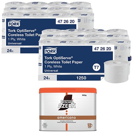 Tork OptiServe Coreless Toilet Paper, 1-Ply, 1250 Sheets, Pack of 24 - Buy 2 Get Free Nescafe Azera