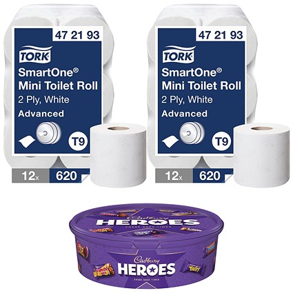 Tork SmartOne Mini Toilet Roll, 2-Ply, 620 Sheets per Roll, Pack of 12 - Buy 2 Get Free Cadbury Heroes