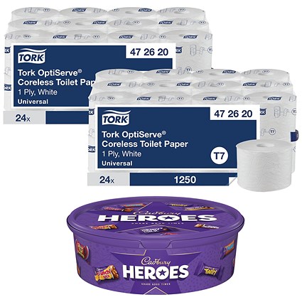 Tork OptiServe Coreless Toilet Paper, 1-Ply, 1250 Sheets, Pack of 24 - Buy 2 Get Free Cadbury Heroes
