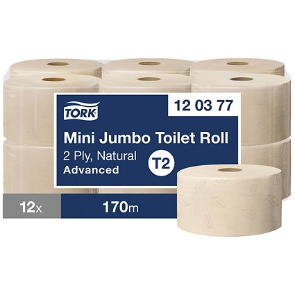 Tork Advanced Mini Jumbo Toilet Roll, 2-Ply, Natural, Pack of 12