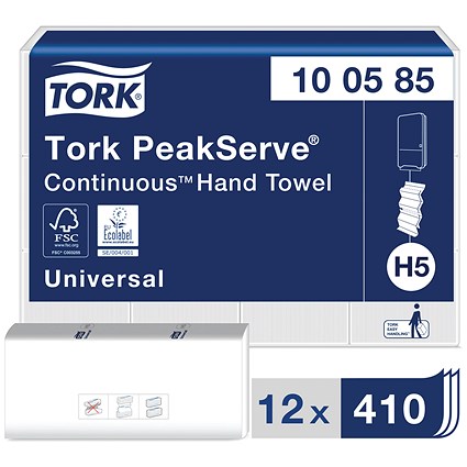 Tork H5 Peak Serve 1-Ply Continuous Hand Towels, White, Pack of 4920