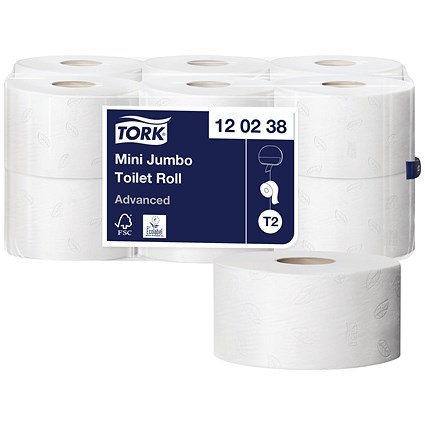 Tork T2 Advanced Mini Jumbo Toilet Tissue Roll, 2-Ply, White, Pack of 12