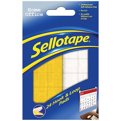 Sellotape Permanent Sticky Hook and Loop Pads, 20x20mm, 24 Sets