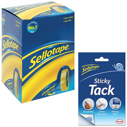 Sellotape Original Golden Tape Rolls, 24mmx66m, Pack of 6 - Get Sellotape Sticky Tack, 45g