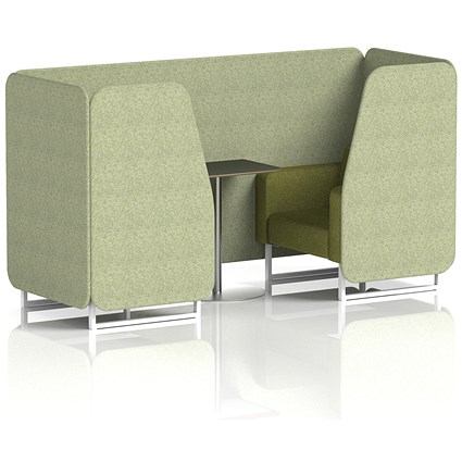Brixworth 2 Seater Booth with Table, White Legs, Black/Silver Table, Rivet Fabric, Burnish Panels And Olive Sofa