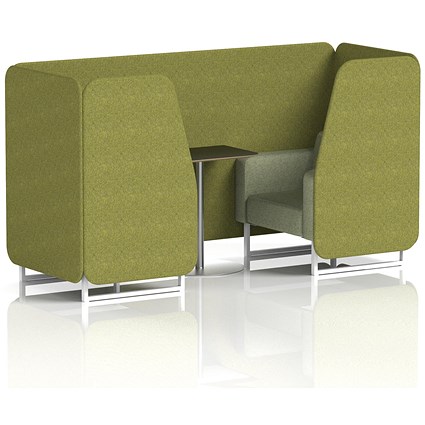 Brixworth 2 Seater Booth with Table, White Legs, Black/Silver Table, Rivet Fabric, Olive Panels And Burnish Sofa