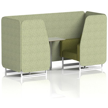 Brixworth 2 Seater Booth with Table, White Legs, Grey/Silver Table, Rivet Fabric, Burnish Panels And Olive Sofa