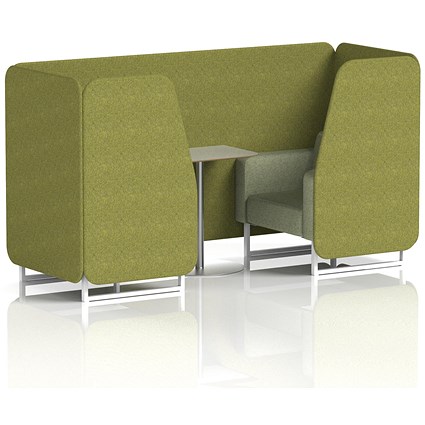 Brixworth 2 Seater Booth with Table, White Legs, Grey/Silver Table, Rivet Fabric, Olive Panels And Burnish Sofa